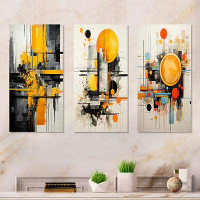 Yellow And Black Radiant Geometry Collage II - Abstract Collages Metal Prints Set Of 3