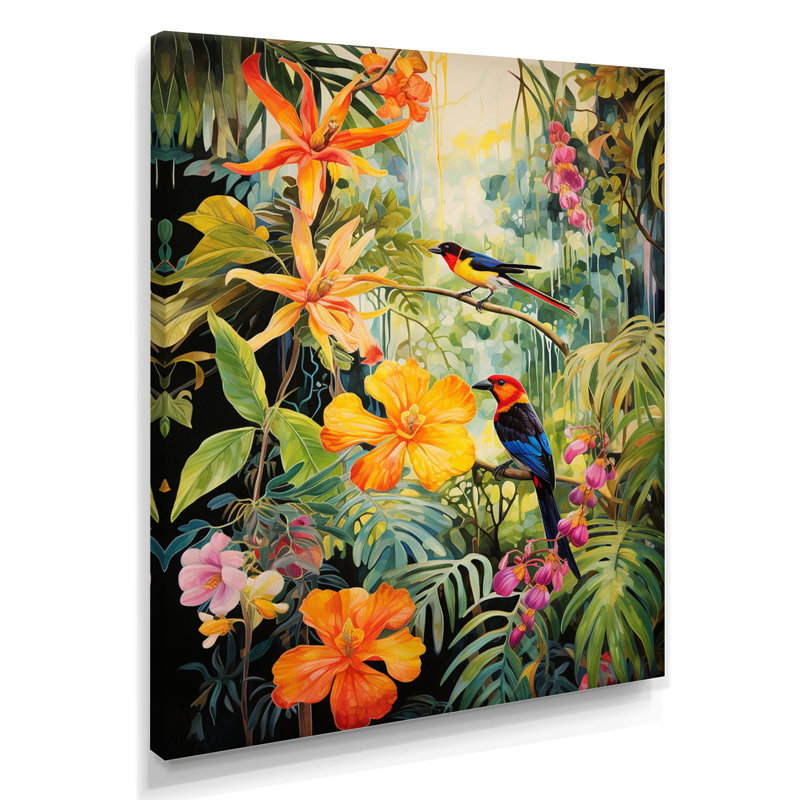 Oiseaux colorés dans une jungle tropicale fleurie - décoration murale oiseau, Toile tendue, H 20 po x l 12 po x P 1 po
