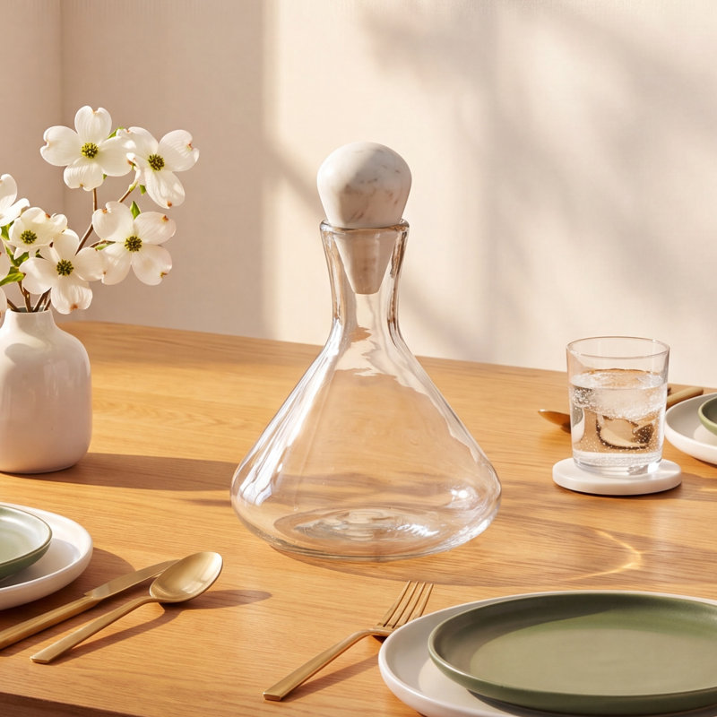 Hand-Blown Glass Decanter With White Marble Stopper