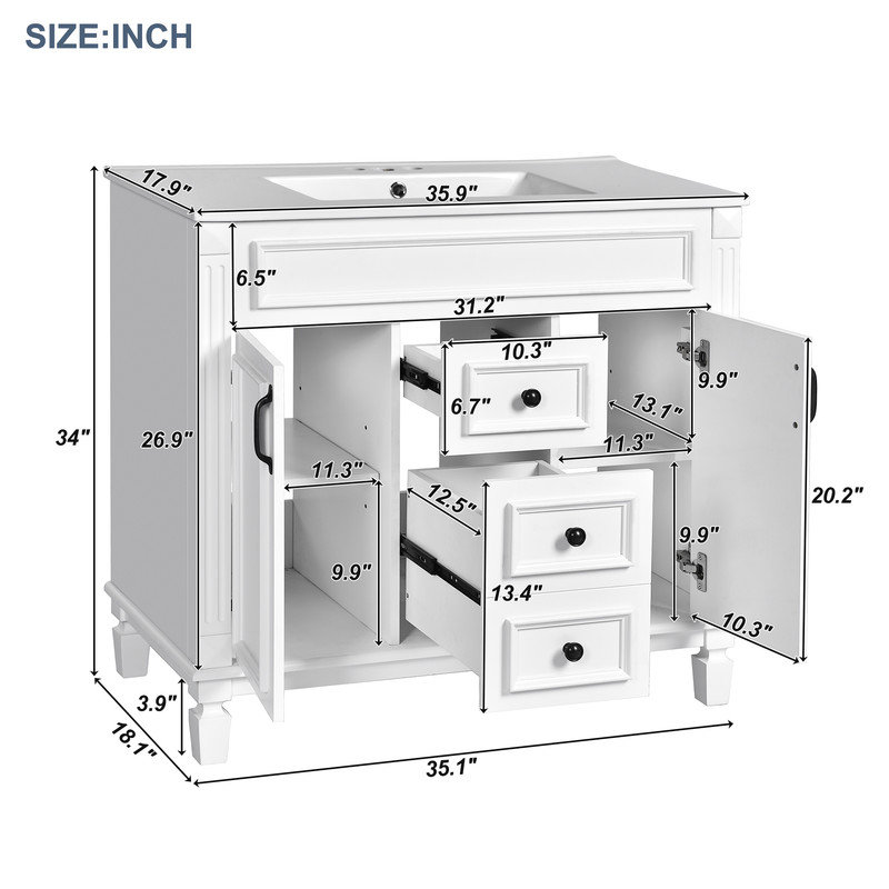 Ensemble de meuble-lavabo autoportant avec lavabo supérieur - «Ample rangement», assemblage facile, conception moderne, Blanc