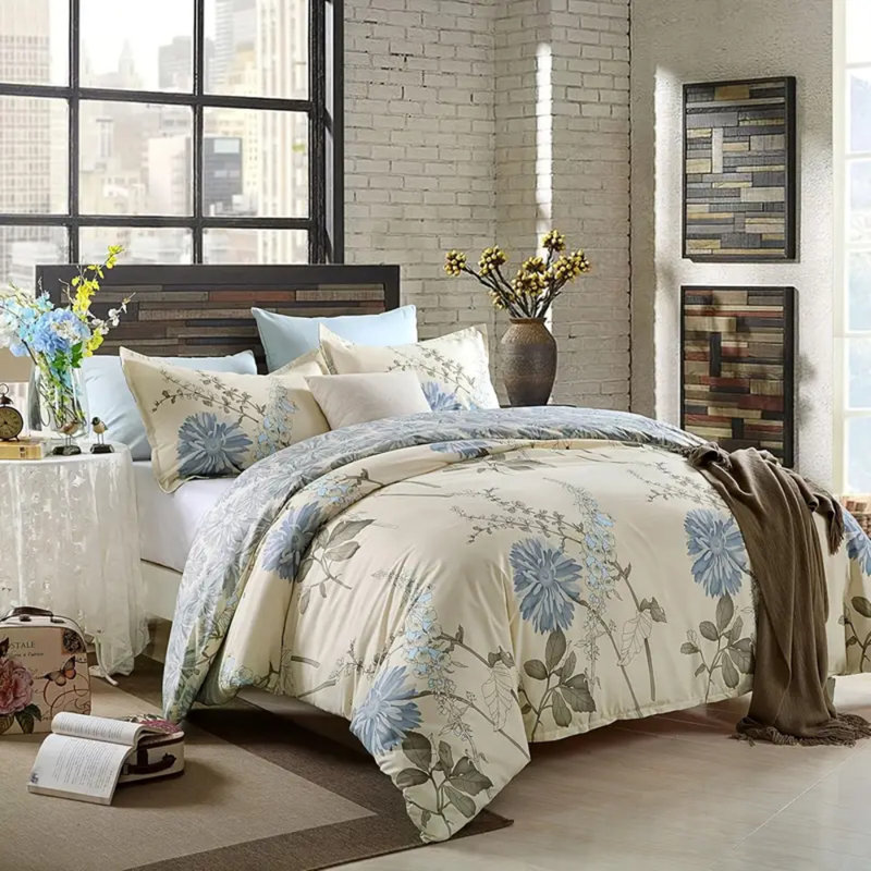 Housse de couette en fleurs peintes en brun clair, Housse de couette simple + 1 taie d'oreiller