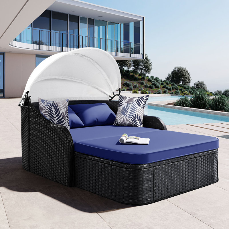 Lit de jour d'extérieur en osier avec coussins 79,9 po Freeport, Bleu, Noir