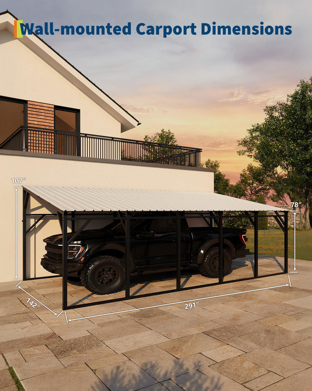 12x25 ft Wall-Mounted Metal Carport with Vertical Roof, Heavy-Duty 19-Ga. Steel Frame for SUV & Long-Bed Pickup 