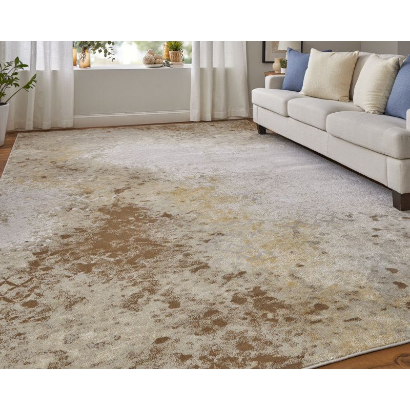 Ivory and Brown Abstract Rectangular Synthetic Rug, 34 x 20 inches