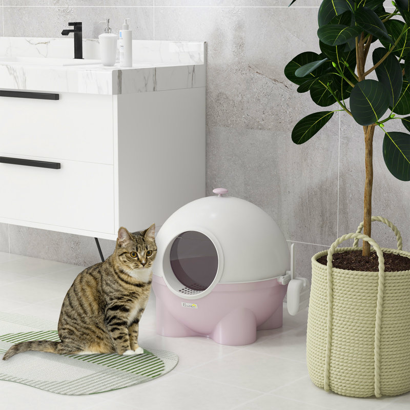 Large Pink and White Hooded Cat Litter Box with Scoop