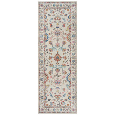 Gertmenian Crystal Print Cullen Ivory Cream Pink Multi Transitional Floral Border Washable Flat Pile Indoor Area Rug