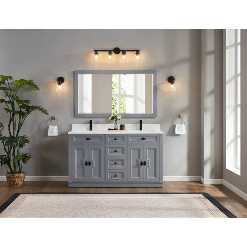 Meuble-lavabo double 60 po en bois massif avec plateau en marbre d'ingénierie 1 po, Noir, noir, noir, noir, Cadet
