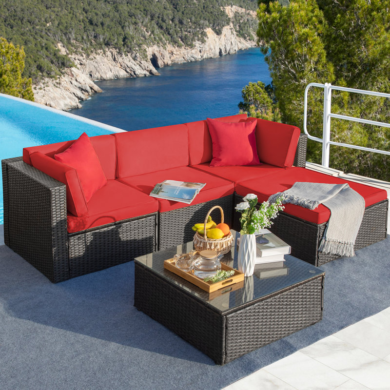 Ensemble de conversation modulaire en rotin 5 pièces avec coussins, Coussin rouge