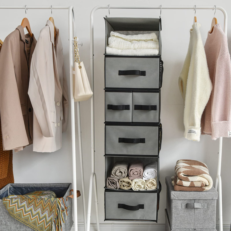 Organisateur de garde-robe suspendu 6 tablettes, rangement et rangement pour placard avec 5 tiroirs différents, 6 compartiments de rangement pour garde-robe, gris, paquet de 1