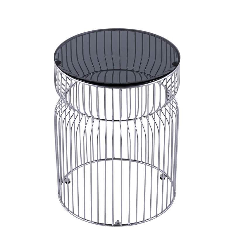 Table d'appoint ronde contemporaine en or avec surface en verre trempé teinté, 24 po de hauteur, structure à structure ouverte, finition miroitante, rembourrage en métal, convenant à la surface de vie Verre d'extrémité noir, hauteur, style, idéal
