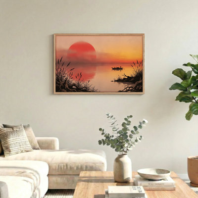 Ensemble de 1 tableau sur toile représentant un coucher de soleil sur un lac