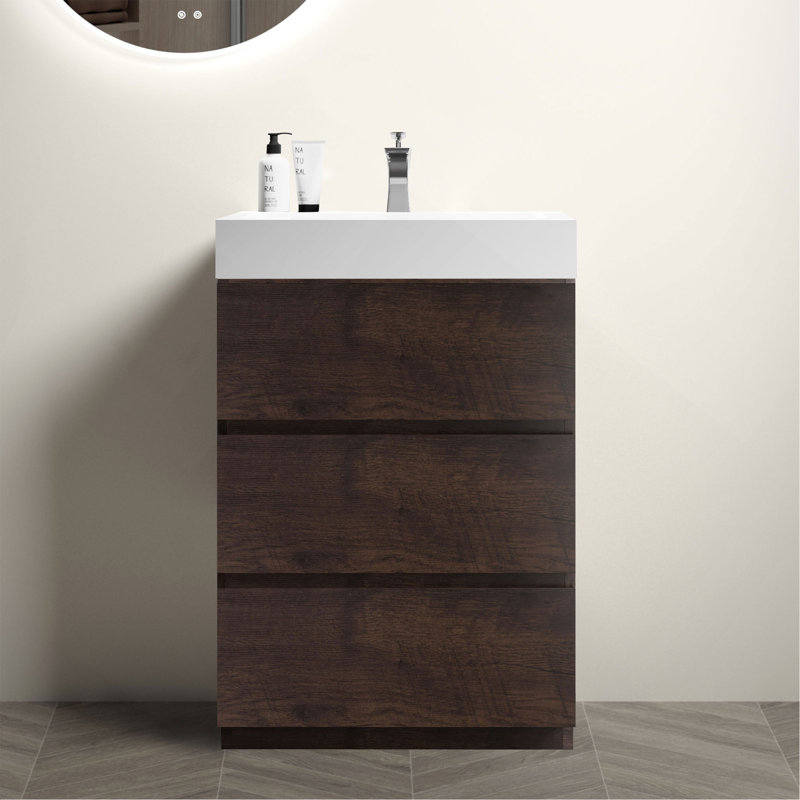 Meuble-lavabo autoportant de 24 po en noyer avec lavabo, grand meuble-lavabo autoportant pour salle de bain moderne, lavabo une pièce blanc sans drain ni robinet, pré-assemblé