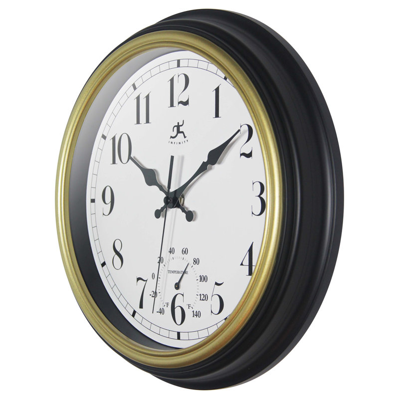 12-Inch Black and Gold Round Wall Clock with Thermometer