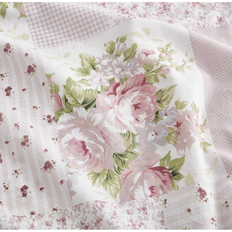 Rosy Floral Patchwork Printed Cotton Bed Sheet Set, Full Sheet Set with 2 Standard Pillowcases