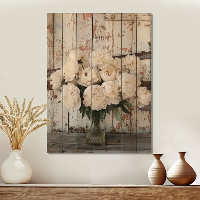 Photo pivoines par la grange laitière I - Art mural en bois pivoines - sur bois de pin naturel