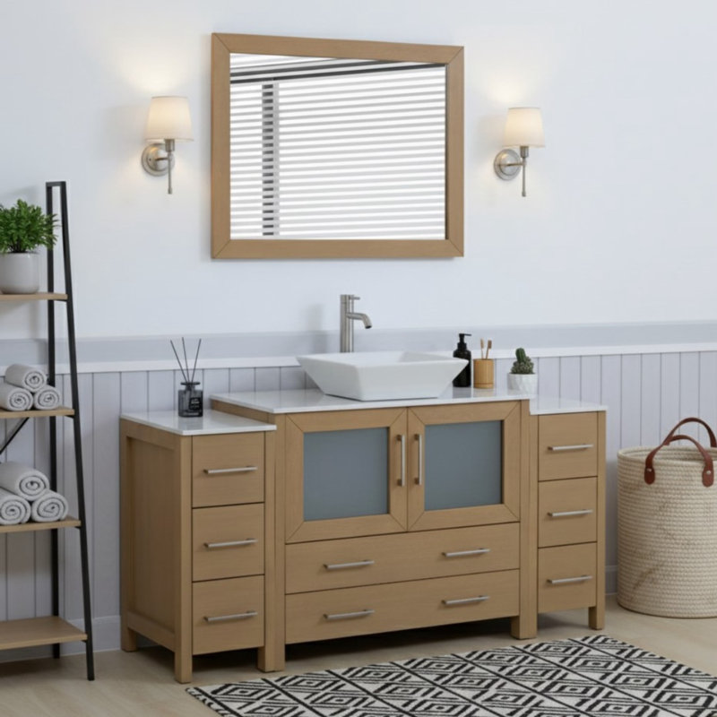 Ravenna 60" Freestanding Single Sink Bathroom Vanity with Engineered Marble Top and Matching Mirror, Natural Oak