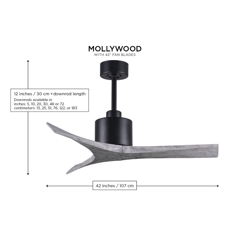 Mollywood - 42" Ceiling Fan - Textured Bronze Finish - Matte Black Blades, 42", Brushed Brass, Barn Wood Tone