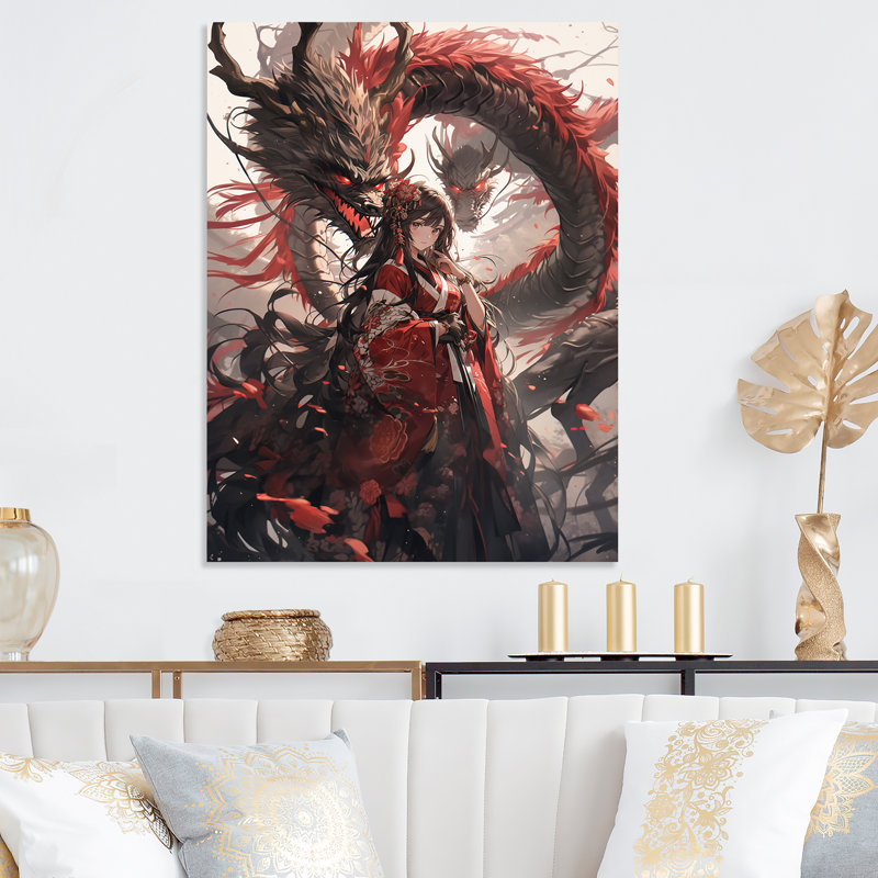 Red Princess Dragon I - impression d'art mural en métal asiatique, H 32 po x l 24 po x P 1 po