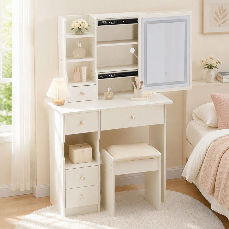 Coiffeuse compacte de 74 cm avec tiroir et tabouret rembourré, station d'alimentation 2 CA + 2 USB, support pour sèche-cheveux, miroir coulissant DEL à commande tactile (version luxe)