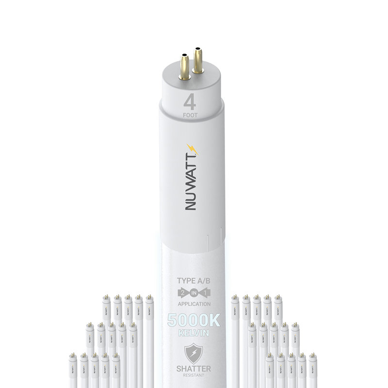Ensemble de 30 ampoules NUWATT, tube de 4 lumières DEL T5 de type A + B, ampoules hybrides T5 à DEL de 5 000 K, luminosité élevée de 3 200 L 24 W, dérivation prêt à l'emploi ou de ballast, alimentation à double extrémité, remplacement T5 pour f
