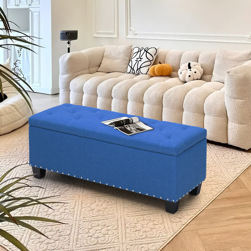 Grimstad Upholstered Fabric Storage Ottoman, Storage Bench with Button-Tufted, Navy Blue