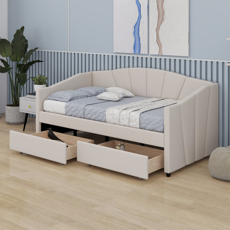 Lit de jour rembourré avec deux tiroirs, Beige