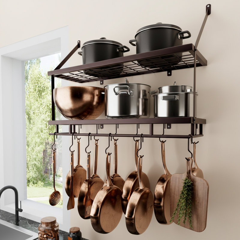 Wall Mounted Pot Rack Kitchen 30 Inch 2-Tier Wall Shelf with 12 Hooks, Oiled Bronze
