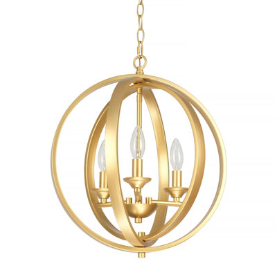 Muted Gold Circular Chandelier, 3-Light Modern Farmhouse Pendant Light, 15.5"D X 18"H