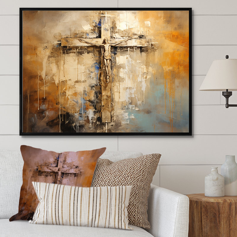 Croix de minimalisme religieuse dorée I, Cadre flottant noir, H 30 po x l 40 po x P 1,5 po