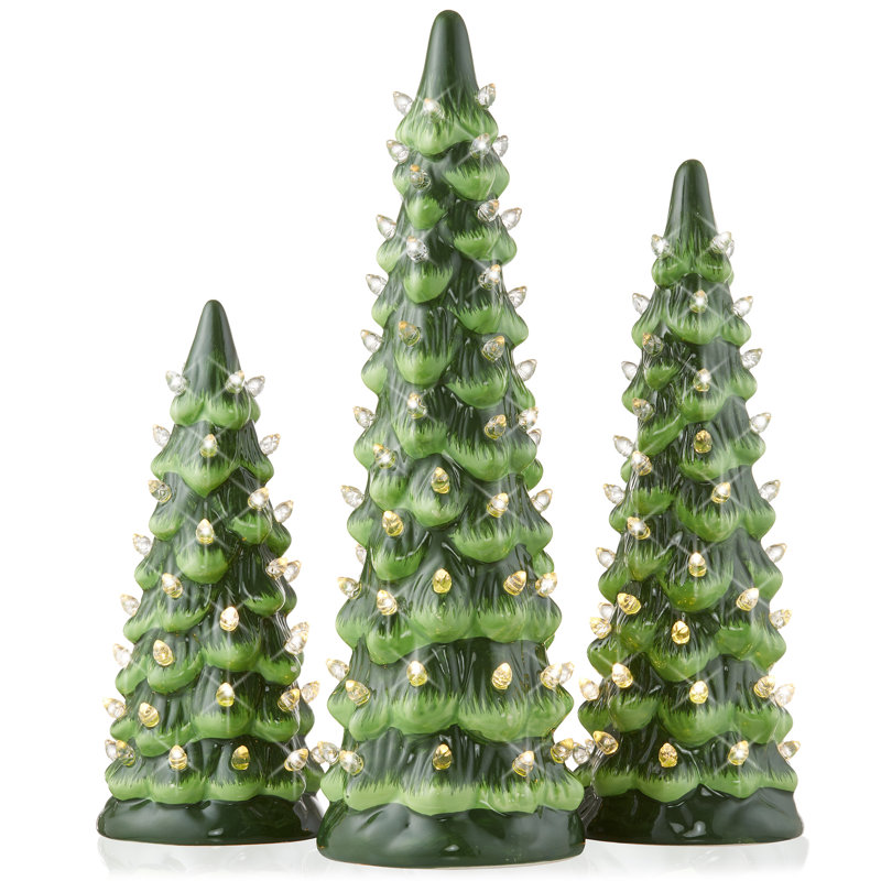 3PC Set 8/10/12" Pre-Lit Green Ceramic Christmas Trees - White Lights, Green