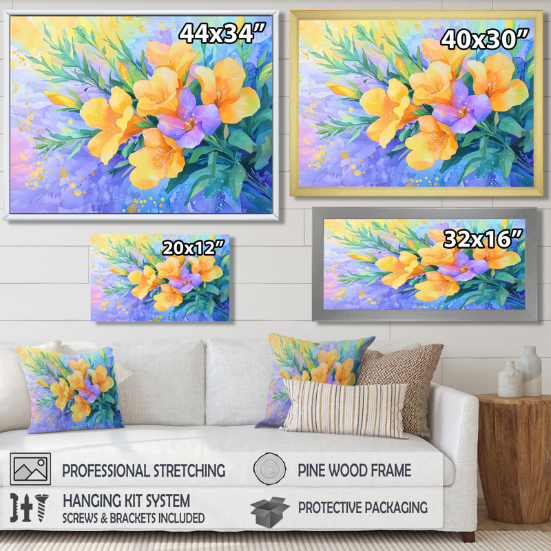 Symphonie lumineuse de fleurs de freesia jaune II - impression d'iris, Picture Framed Print, Black, 12" H x 20" W