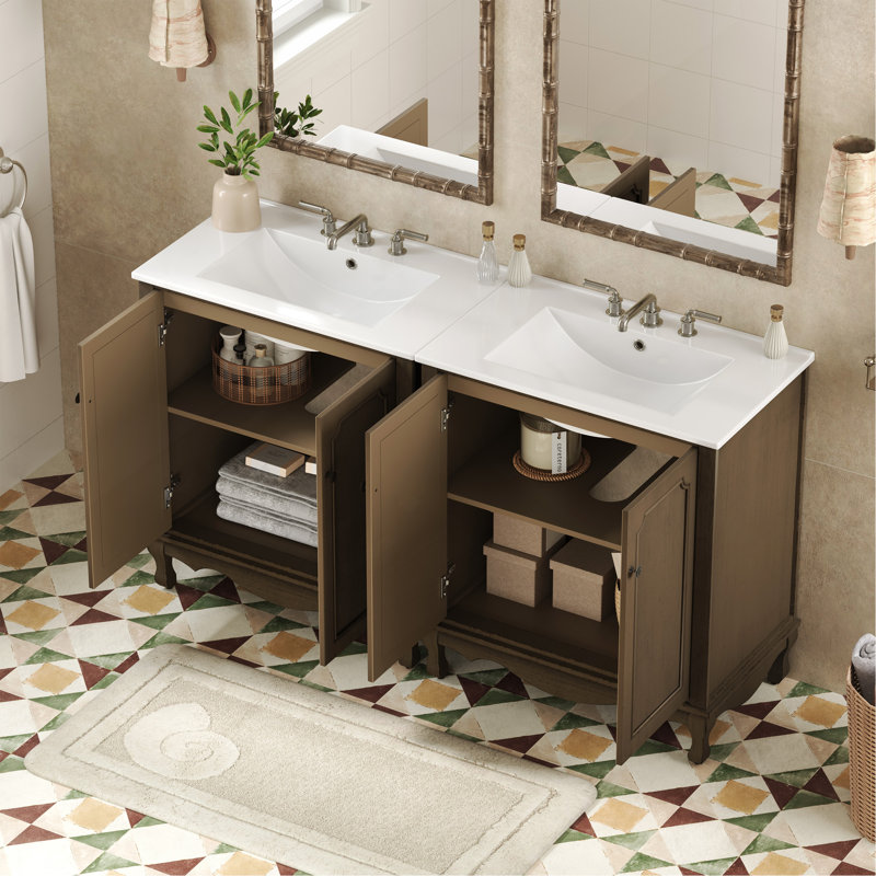 Ensemble de meuble-lavabo double 60 po, armoire de salle de bain vintage avec deux lavabos en céramique séparés et brun antique