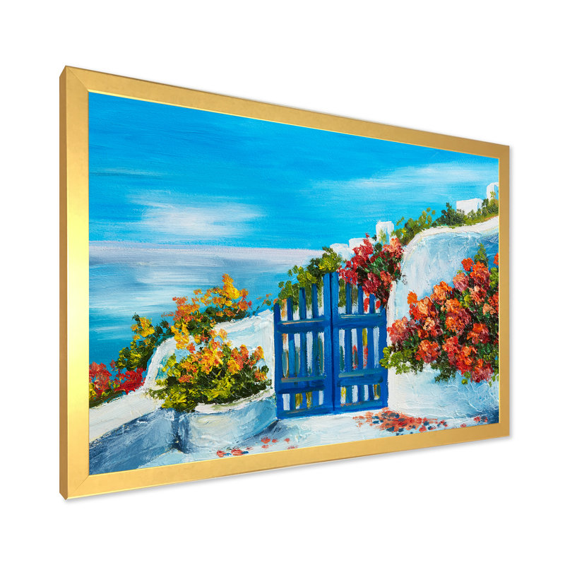 Maison près de la mer, fleurs colorées III - peinture sur toile, H 24 po x l 32 po x P 1 po, Cadre doré