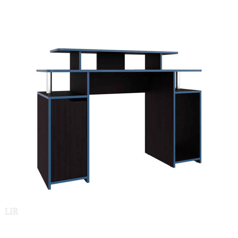 Bureau de jeu 47 po à 2 niveaux avec trois tablettes et support pour tour d'ordinateur, noir