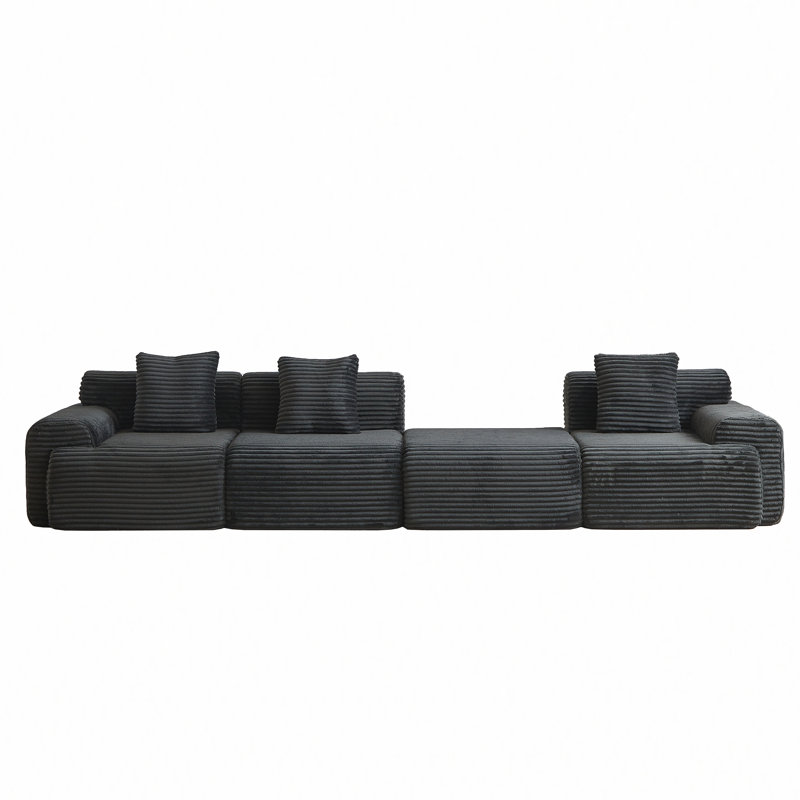 Canapé modulaire en velours côtelé de 114 pouces avec motif incrusté, trois coussins décoratifs, dossier plus large et quatre modules librement configurables