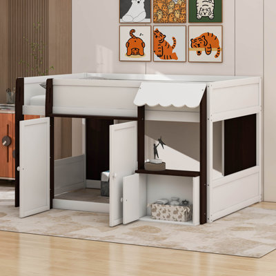 Lit mezzanine double avec maisonnette et rangement