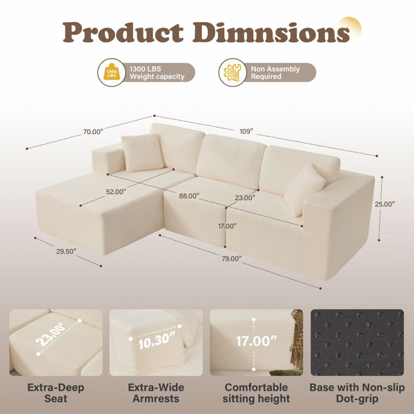 Ebern Designs 109" Cloud Sectional Couch, Boneless Modular Sofa with L ...