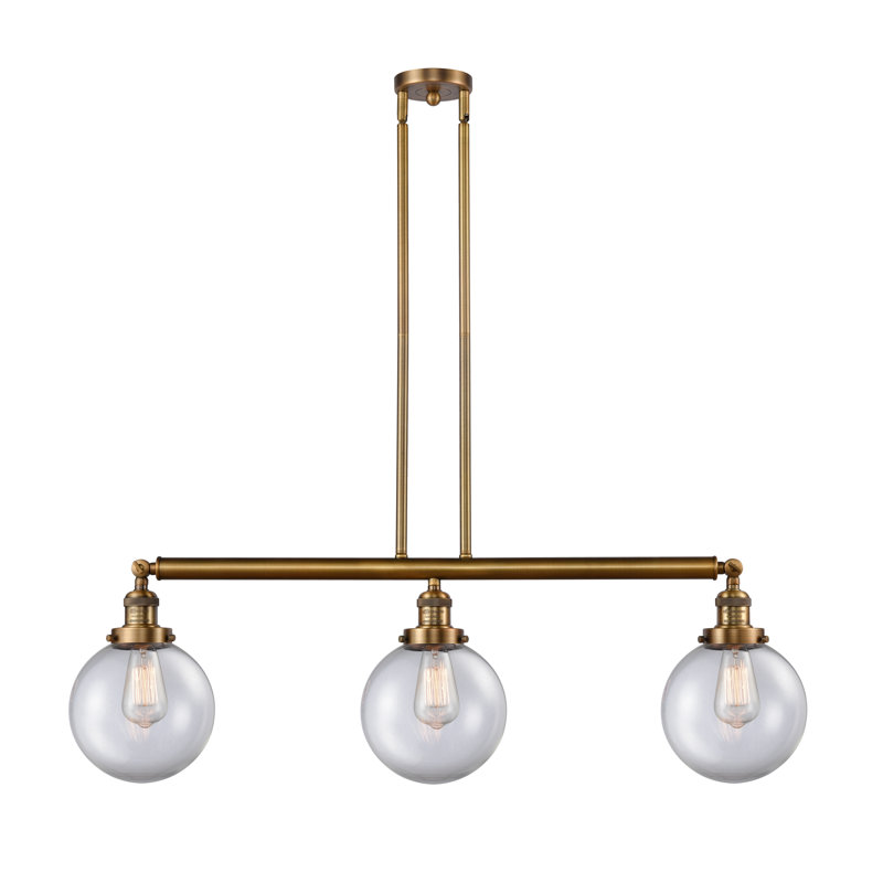 Luminaire suspendu linéaire à 3 lumières pour îlot de cuisine Albanie, Transparent / clair, DEL, Laiton brossé