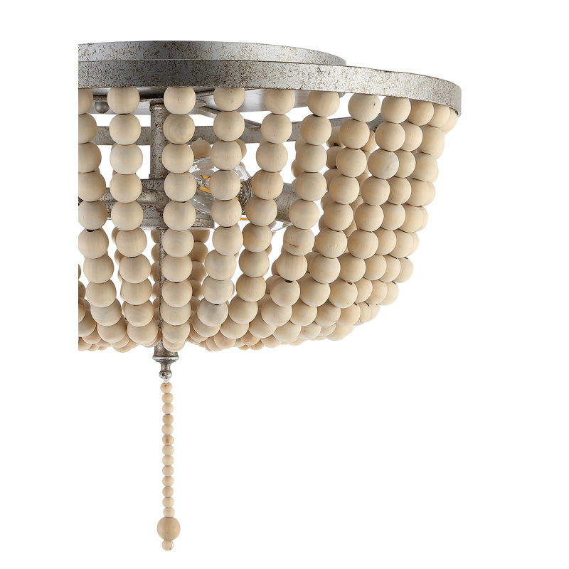 Ohlone Farmhouse Wood Beaded/Metal LED Flush Mount, Antique Silver, 12.5" H x 15" W x 15" D