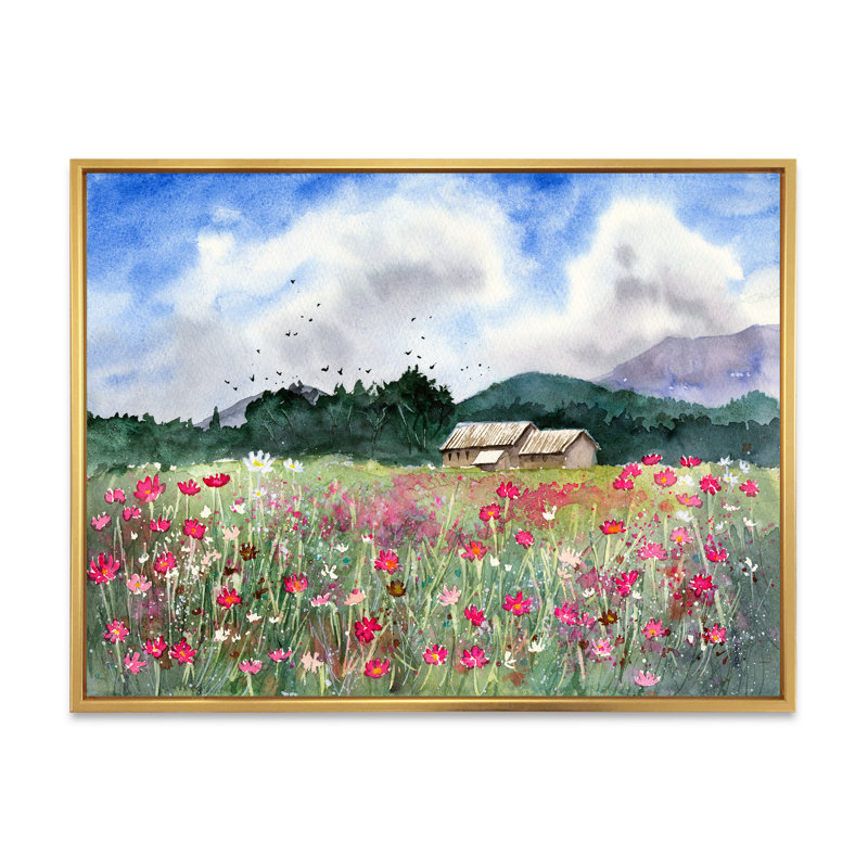 Paysage avec un champ de fleurs blanches et roses - Peinture sur toile, H 24 po x l 32 po x P 1 po, Cadre flottant doré