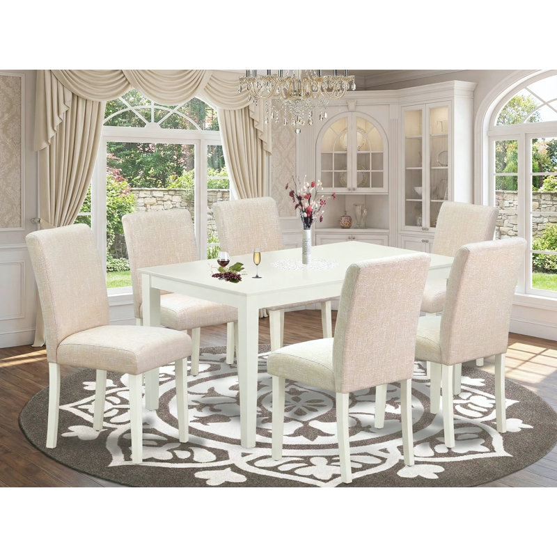 Ensemble de meubles de salle à manger 7 pièces comprenant une table de salle à manger rectangulaire et 6 chaises Parson rembourrées en tissu beige clair, 36 x 60 pouces, blanc lin