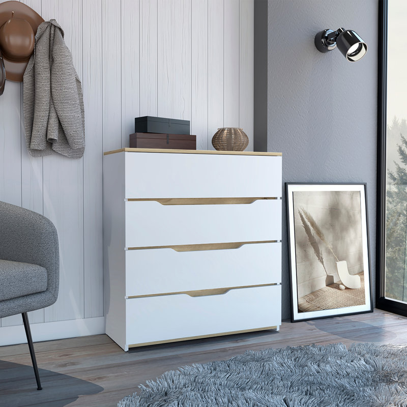 Commode hautbois, plateau supérieur, quatre tiroirs, Blanc / Chêne clair