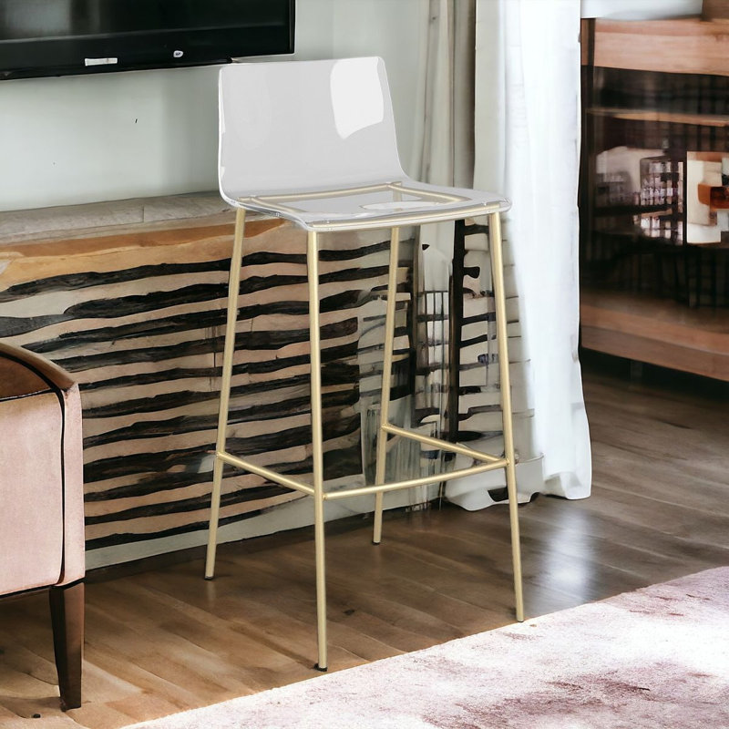 (Ensemble de deux) Chaises de bar en plastique transparent à dossier bas de 30 po de hauteur avec repose-pieds, Or