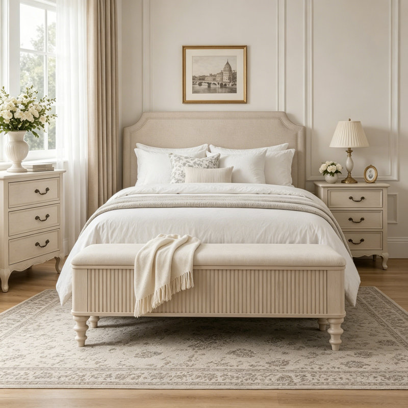 Banc de rangement multi-fonctionnel avec repose-pieds et charnière en lin, Beige