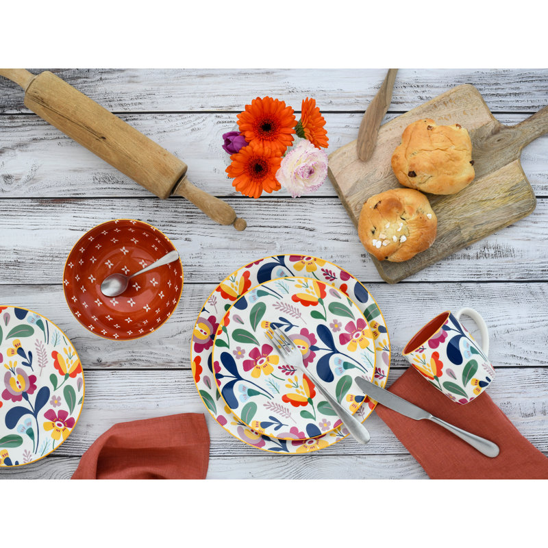 Folklore Piece Stoneware Dinnerware Set - Service for 4, White/Red/Orange