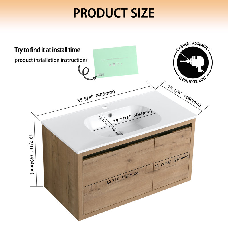 Meuble-lavabo mural simple 35,66 po avec plateau en résine Haniff