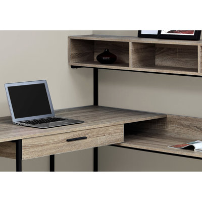 Table d'ordinateur de 48 po de hauteur pour bureau à domicile, forme de L, stratifié taupe foncé, structure en métal noir, support de bureau contemporain, forme moderne de 48 po, métal brun