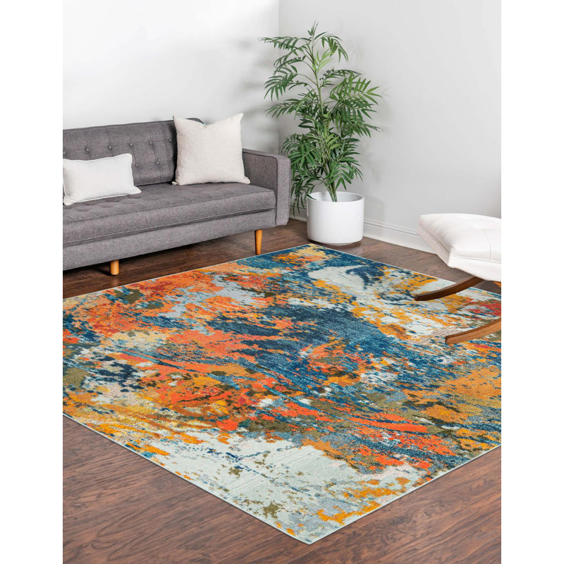 Tapis abstrait orange / bleu Octagon, Carré 9 pi 10 po