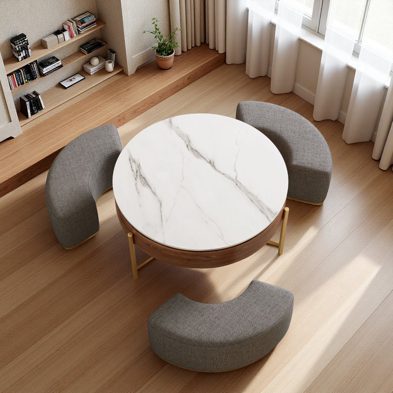 Modern Lift-Top Round Coffee Table With Hidden Storage, Walnut Veneer & Sintered Stone Top,3 Upholstered Nesting Ottomans, Space-Saving Design