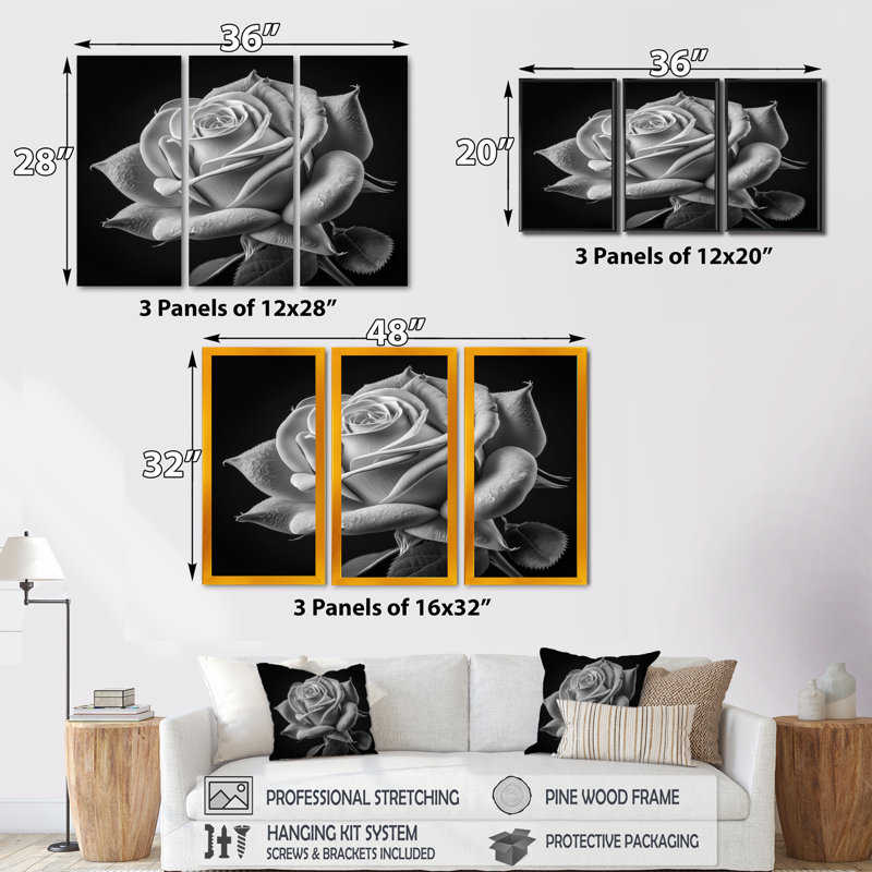 «Blossoming White Rose On Black I», impression sur toile tendue de 3 pièces, H 28 po x l 36 po x P 1 po
